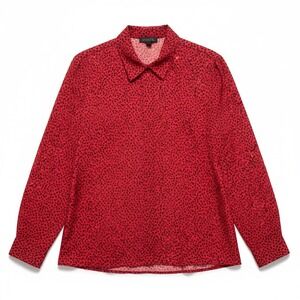 Notation Red Black Polka Dot Button Down Blouse, Woman's Size 10, Long Sleeve